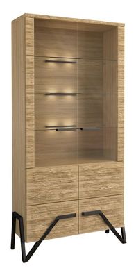 Vitrine Kastav 02, Farbe: Eiche / Schwarz, teilmassiv - 201 x 100 x 40 cm (H x B