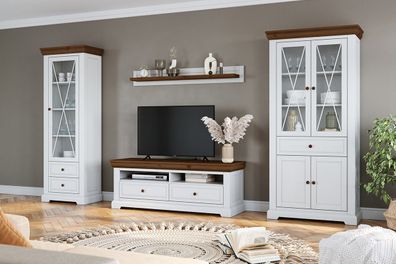 Wohnzimmer Komplett - Set A Gimone, 4-teilig, finnische Kiefer, in Weiß / Tabacc