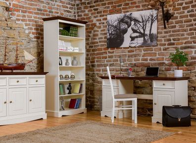 Büro - Set H Gyronde im Landhausstil, 3-teilig, Kiefer Vollholz, Weiß / Walnuss,