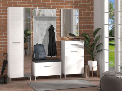 Garderobe Komplett - Set A Molia, 5-teilig, Farbe: Weiß / Weiß Hochglanz, ABS-Ka