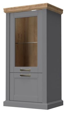 Vitrine Lotofaga 08, Farbe: Grau / Walnuss - 132 x 67 x 48 cm (H x B x T)