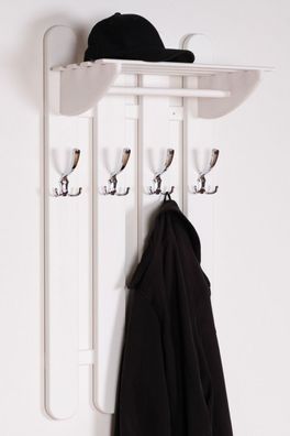 Weiße Garderobe aus Massivholz Kiefer Junco 349, mit 4 Haken und einer Ablage, 1