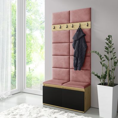 Garderobe 01 mit gepolsterter Sitzbank/Wand, Artisan/Schwarz/Misty Rose, 215x10