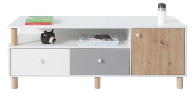 Jugendzimmer - TV-Unterschrank Burdinne 08, Farbe: Weiß / Eiche / Grau - Abmessu