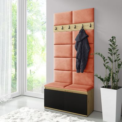 Garderobe 01 mit gepolsterter Sitzbank, für 8 Paar Schuhe, Artisan/Schwarz/Orang