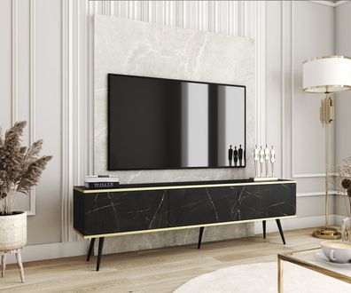TV-Möbel / TV-Board mit zwei Kippfächern Horsham 33, Farbe: Schwarzer Marmor, Pu