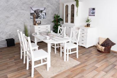 Landhausstil Esszimmer Komplett - Set A Pipilo in Weiß, 8-teilig, aus Kiefernhol