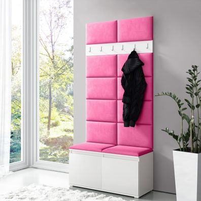 Garderobe 01 mit Pinken Polsterpaneele für Sitzbank und Wand, Schuhschrank für 8