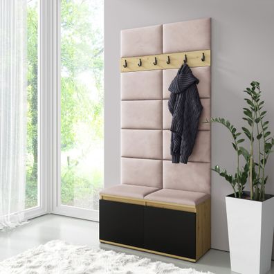 Kleine Garderobe 01 mit Sitzbank gepolstert | Artisan/Schwarz/Cream | 215 x 100