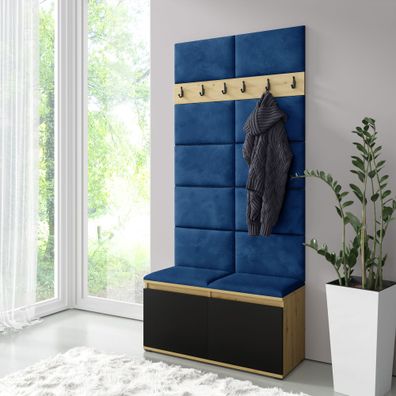 Schmale Garderobe 01 mit Sitzbank gepolstert, Farbe: Artisan/Schwarz/Marine, 215