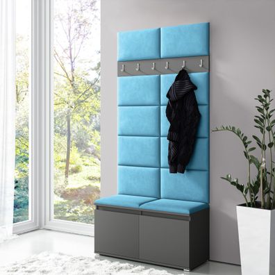 Schmale Garderobe 01 mit Sitzbank/Wand gepolstert, Graphit/Türkis, 215 x 100 x 4