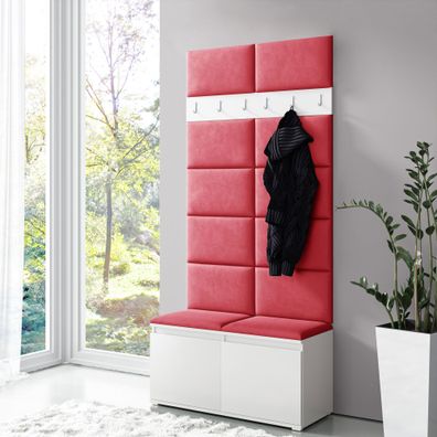 Schmale Garderobe 01 mit Sitzbank gepolstert, Farbe: Weiß/Red, 215 x 100 x 40 cm