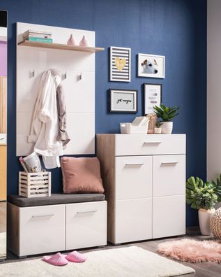 Garderobe Komplett - Set A Kove, 3-teilig, Farbe: Eiche Grau / Weiß Hochglanz, e