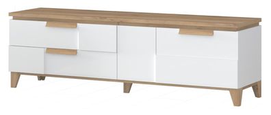TV-Unterschrank Safotu 01, Farbe: Weiß Hochglanz / Walnuss - 56 x 180 x 46 cm (H
