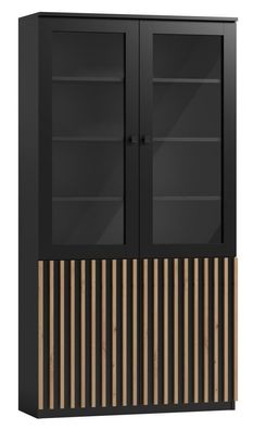 Vitrine Cikarang 15, Farbe: Schwarz / Eiche - Abmessungen: 200 x 106 x 40 cm (H
