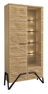 Vitrine Kastav 04, Farbe: Eiche / Schwarz, teilmassiv - 201 x 100 x 40 cm (H x B