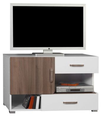 TV-Unterschrank Bulolo 18, Farbe: Weiß / Nuss - Abmessungen: 61 x 100 x 50 cm (H