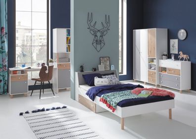 Jugendzimmer Kinderzimmer Komplett - Set C Burdinne, 5-teilig, Farbe: Weiß / Eic