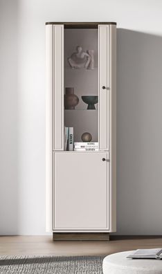 Vitrine | schmal | Farbe: Kaschmir / Eiche Windmill dunkel | Soft-Close-Funktion
