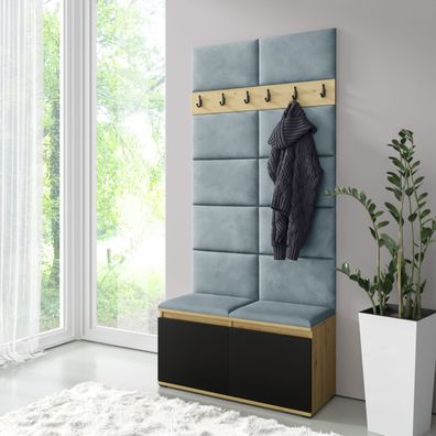 Garderobe 01 mit Schuhschrank 1 Meter breit, Artisan/Schwarz/Aqua, für 8 Paar Sc