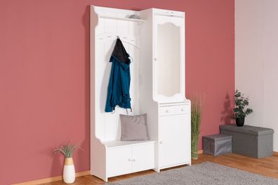 Weiße Garderobe mit Spiegel Kiefer Vollholz 28A, 200 x 125 x 41 cm, mit 2 Schubl
