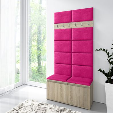 Garderobe 01 für Ankleideraum mit Pinker Sitzbank gepolstert, Sonoma Eiche/Pink,