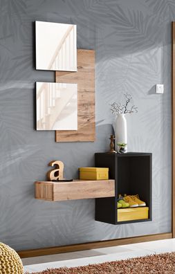 Garderobe Komplett - Set A Pollestad, 2-teilig, Farbe: Eiche Wotan / Schwarz, zw