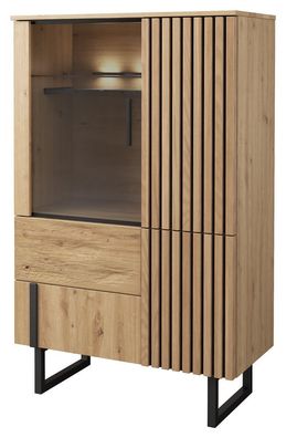 Vitrine Slatina 06, Farbe: Eiche / Schwarz, teilmassiv - Abmessungen: 146 x 91 x