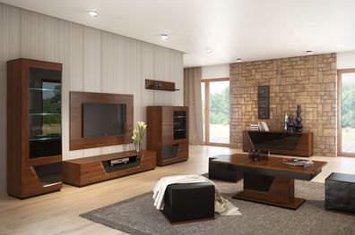 Wohnzimmer Komplett - Set C Medulin, 10-teilig, teilmassiv, Farbe: Walnuss / Sch