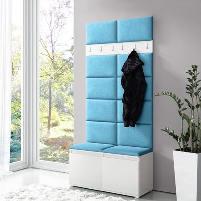 1 Meter breite Garderobe 01 mit Türkisen Polsterpaneelen für Sitzbank und Wand,