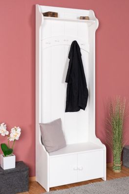 Weiße Garderobe Kiefer Massivholz 31, 200 x 72 x 37 cm, mit 1 Ablage und 5 Haken