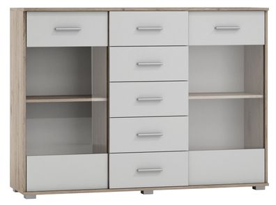 Vitrine Kavieng 13, Farbe: Eiche / Weiß - Abmessungen: 110 x 150 x 40 cm (H x B