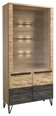Vitrine Benkovac 01, Farbe: Eiche / Schwarz, teilmassiv - Abmessungen: 201 x 94
