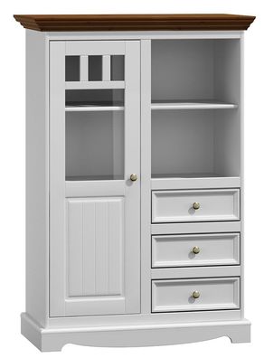 Vitrine Gyronde 17, Kiefer massiv Vollholz, Farbe: Weiß / Walnuss - 130 x 90 x 4