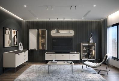 Wohnzimmer Komplett - Set A Manono | 7-teilig | Farbe: Creme | LED-Beleuchtung |