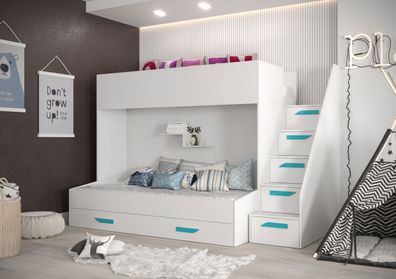 Etagenbett / Kinderbett / Funktionsbett-Kombination - mit Bettschublade und Trep