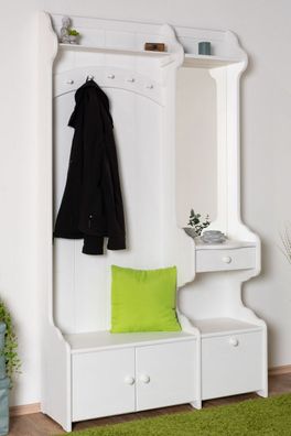 Große weiße Garderobe 29B mit Spiegel Kiefer Massivholz, 200 x 114 x 37 cm, 5 Ha