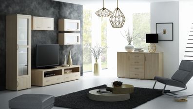 Modernes Wohnzimmer - Set A Kainanto mit viel Stauraum, 7-teilig, Farbe: Eiche