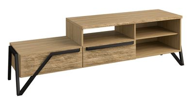 TV-Unterschrank Kastav 18, Farbe: Eiche / Schwarz, teilmassiv - 55 x 180 x 50 cm