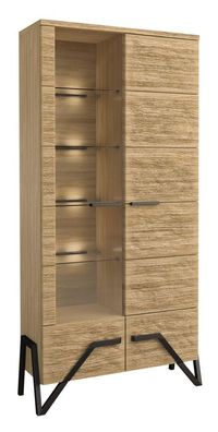 Vitrine Kastav 03, Farbe: Eiche / Schwarz, teilmassiv - 201 x 100 x 40 cm (H x B