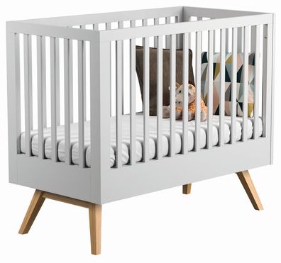 Babybett / Gitterbett Skady 01, Farbe: Weiß / Eiche - Liegefläche: 60 x 120 cm (