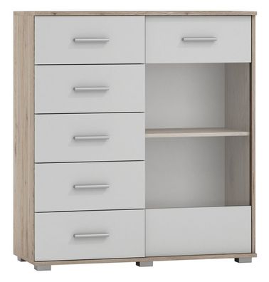 Vitrine Kavieng 05, Farbe: Eiche / Weiß - Abmessungen: 110 x 99 x 40 cm (H x B x