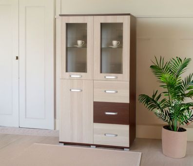 Vitrine Cikupa 25, Farbe: Nuss / Ulme - Abmessungen: 160 x 90 x 40 cm (H x B x T