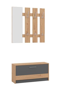 Garderobe mit Spiegel Galabu 02, Farbe: Eiche Artisan / Graphitgrau, sechs Haken
