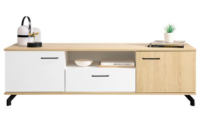 TV-Unterschrank Riemst 07, Farbe: Eiche / Weiß - Abmessungen: 49 x 160 x 50 cm (