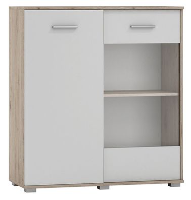 Vitrine Kavieng 03, Farbe: Eiche / Weiß - Abmessungen: 110 x 99 x 40 cm (H x B x