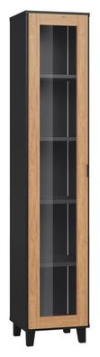 Vitrine Leoncho 35, Farbe: Schwarz / Eiche - Abmessungen: 195 x 39 x 40 cm (H x