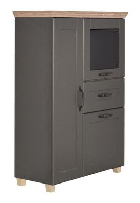 Vitrine Cuenca 02, Farbe: Eiche / Grau - Abmessungen: 132 x 95 x 39 cm (H x B x