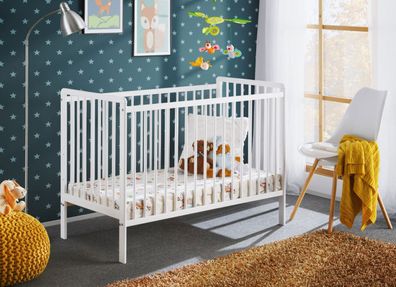 Gitterbett / Babybett aus echtem Kiefernholz Avaldsnes 01, Farbe: Weiß - Abmessu