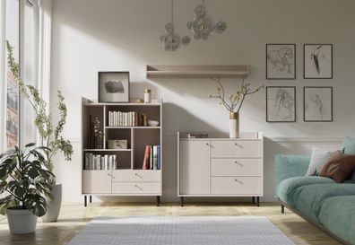 Wohnzimmer Set | 3-teilig | Farbe: Beige mit Holzstruktur | 1 Wandregal | 1 Komm